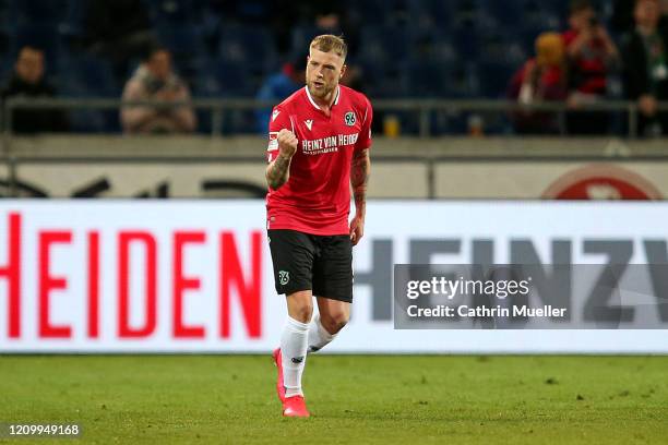 John Guidetti of Hannover 96 celebrates after scoring during the Second Bundesliga match between Hannover 96 and Holstein Kiel at HDI-Arena on March...