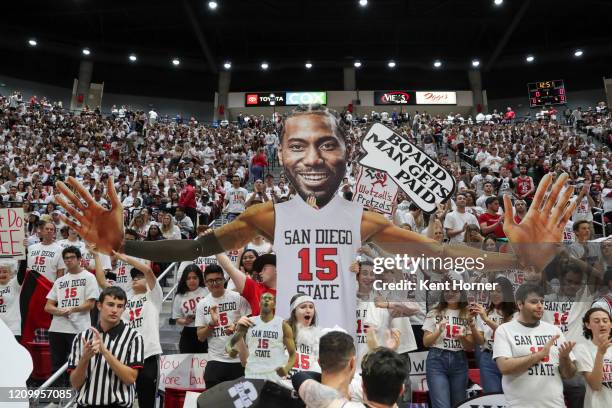 The SDSU student section displays a giant Kawhi Leonard cut-out prior to the game between the San Diego State Aztecs and the Utah State Aggies at...