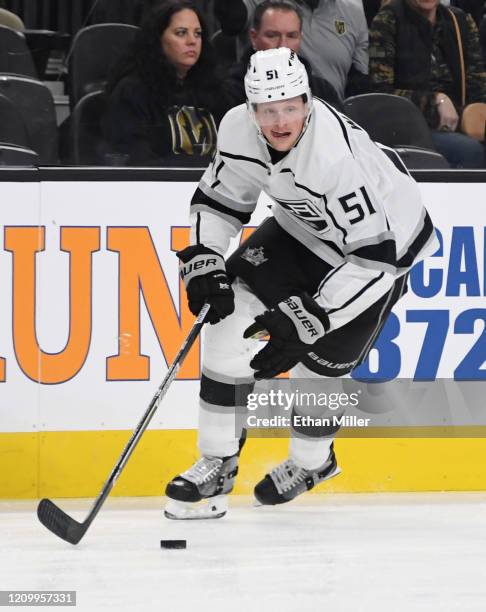 Austin Wagner of the Los Angeles Kings skates with the puck against the Vegas Golden Knights in the third period of their game at T-Mobile Arena on...