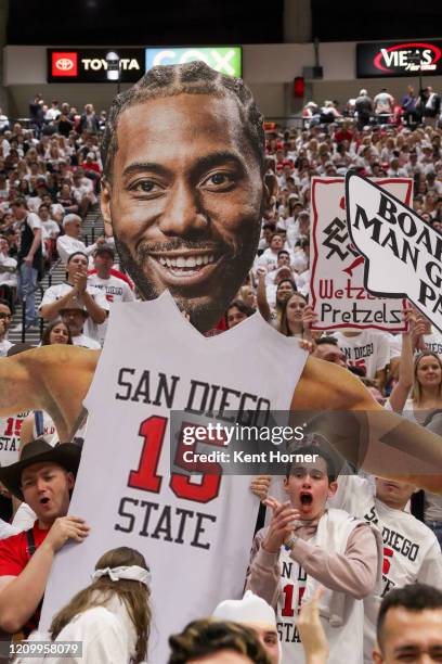 The SDSU student section displays a giant Kawhi Leonard cut-out prior to the game between the San Diego State Aztecs and the Utah State Aggies at...