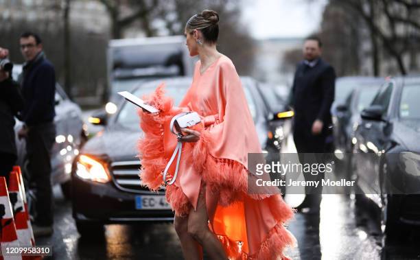 Helena Bordon is seen wearing a Valentino dress and bag outside Valentino show during Paris Fashion week Womenswear Fall/Winter 2020/2021 Day Seven...
