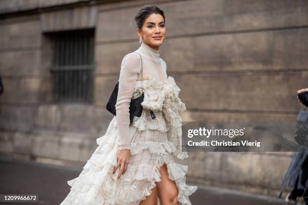 Camila Coelho is seen wearing dress outside Giambattista Valli during Paris Fashion Week - Womenswear Fall/Winter 2020/2021 : Day Eight on March 02,...