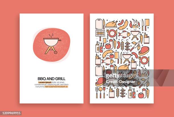 stockillustraties, clipart, cartoons en iconen met barbecue en grill gerelateerd ontwerp. moderne vectorsjablonen voor brochure, omslag, flyer en jaarverslag. - grill fire meat