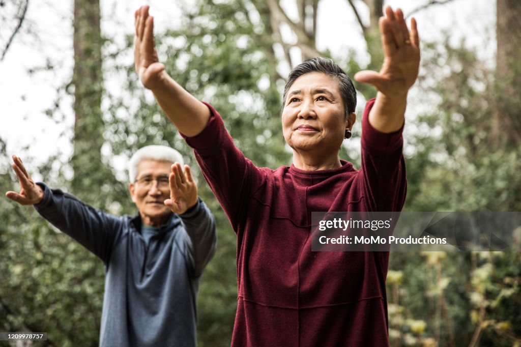 Senior couple doing Tai Chi outdoors