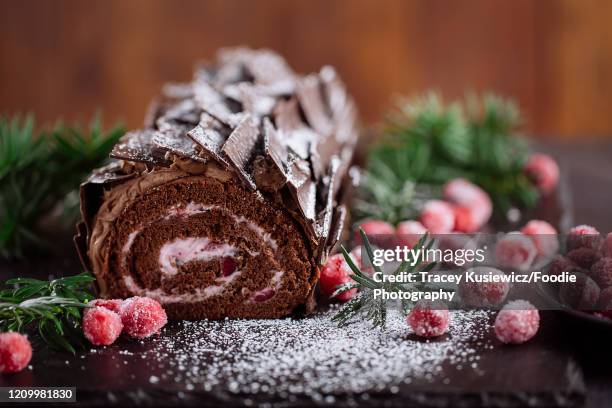 chocolate cranberry holiday yule log - christmas log stock-fotos und bilder