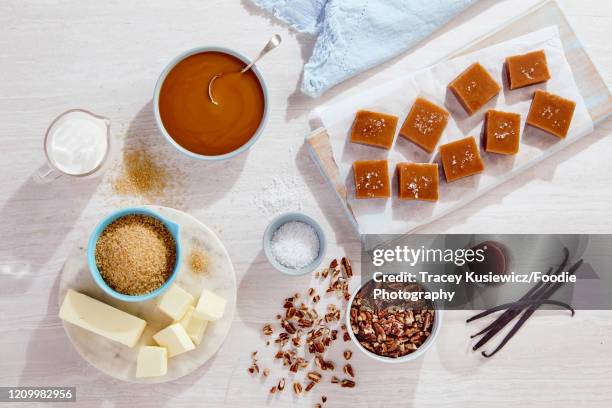 salted caramel with ingredients - nut butter stock pictures, royalty-free photos & images