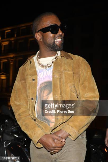 Kanye West is seen leaving a restaurant after his show on March 02, 2020 in Paris, France.