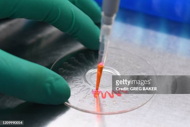 This photo taken on April 10, 2020 shows a technician demonstrating how to inject a nucleic acid sample onto a disk for analysis, in a lab at...