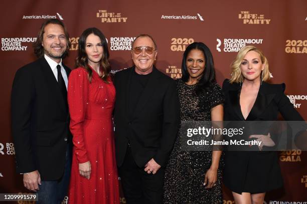 Lance LePere, Sutton Foster, Michael Kors, Audra McDonald and Jane Krakowski attend the Roundabout Theater's 2020 Gala at The Ziegfeld Ballroom on...