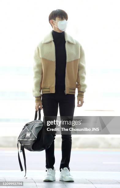 Changmin of TXVQ is seen upon departing at Incheon International Airport on February 20, 2020 in Incheon, South Korea.