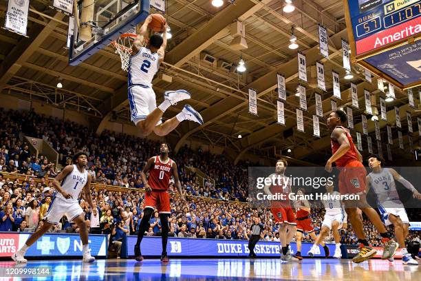 Cassius Stanley of the Duke Blue Devils dunks against the North Carolina State Wolfpack during the second half of their game at Cameron Indoor...