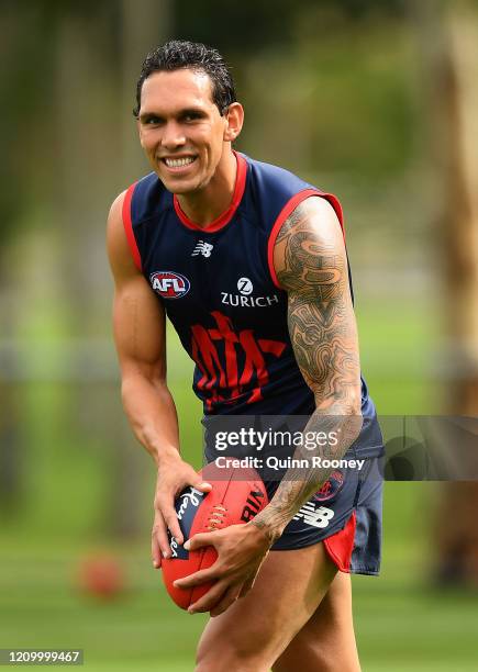 Harley Bennell of the Demons kicks during a Melbourne Demons AFL training session at Gosch's Paddock on March 03, 2020 in Melbourne, Australia.