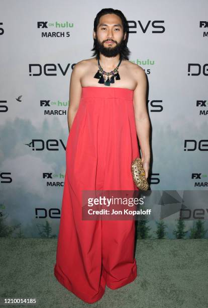 Jin Ha attends the premiere of FX's "Devs" at ArcLight Cinemas on March 02, 2020 in Hollywood, California.