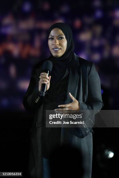 Olympian Ibtihaj Muhammad speaks to the crowd at the event to announce the Founding Partnership between Delta Air Lines and LA28 at Griffith...