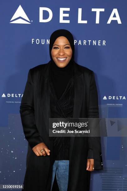 Olympian Ibtihaj Muhammad poses at the event to announce the Founding Partnership between Delta Air Lines and LA28 at Griffith Observatory on March...