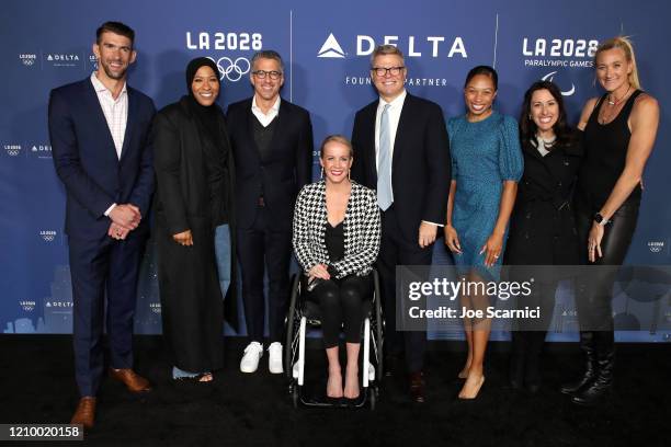 Olympians Michael Phelps, Ibtihaj Muhammad, LA28 Chairperson Casey Wasserman, US Olympian Mallory Weggemann, Delta Air Lines Chief Marketing...