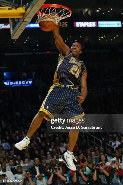 Fred Jones of the Indiana Pacers dunks the ball during the Dunk Contest at All Star Saturday Night as part of 2004 NBA All Star Weekend on February...