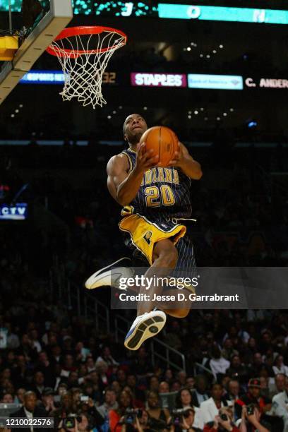 Fred Jones of the Indiana Pacers dunks the ball during the Dunk Contest at All Star Saturday Night as part of 2004 NBA All Star Weekend on February...