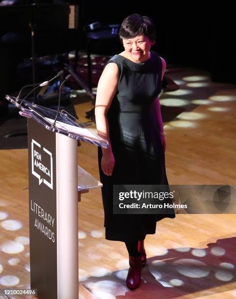 Yiyun Li speaks on stage during the 2020 PEN America Literary Awards at The Town Hall on March 02, 2020 in New York City.