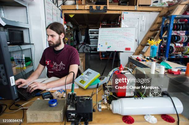 An electronic engineer works on the third prototype of a low cost 3D ventilator on April 15, 2020 in Krakow, Poland. The idea of creating a last...