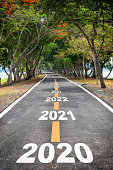 Tree tunnel with 2020 to 2026 on asphalt road surface