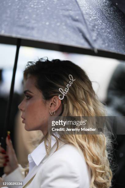 Fashion Week guest is seen wearing a Chanel hair clip outside Thom Browne show during Paris Fashion week Womenswear Fall/Winter 2020/2021 Day Seven...