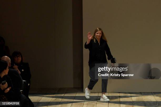 Designer Sarah Burton acknowledges the audience during the Alexander McQueen as part of Paris Fashion Week Womenswear Fall/Winter 2020/2021 on March...