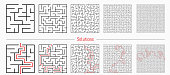 Labyrinth templates with solution in red.