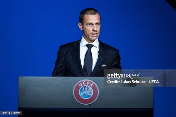 President Aleksander Ceferin speaks at the 44th UEFA Congress at Beur van Berlage on March 03, 2020 in Amsterdam, Netherlands.