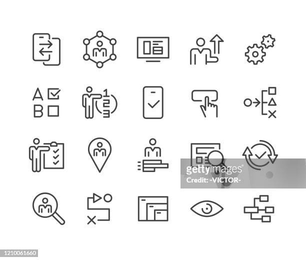 illustrazioni stock, clip art, cartoni animati e icone di tendenza di icone dell'interfaccia utente e dell'esperienza utente - serie linea classica - usare il computer