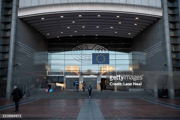 General view of the entrance to the European Parliament building in Leopold Espace on March 03, 2020 in Brussels, Belgium. The European Parliament...