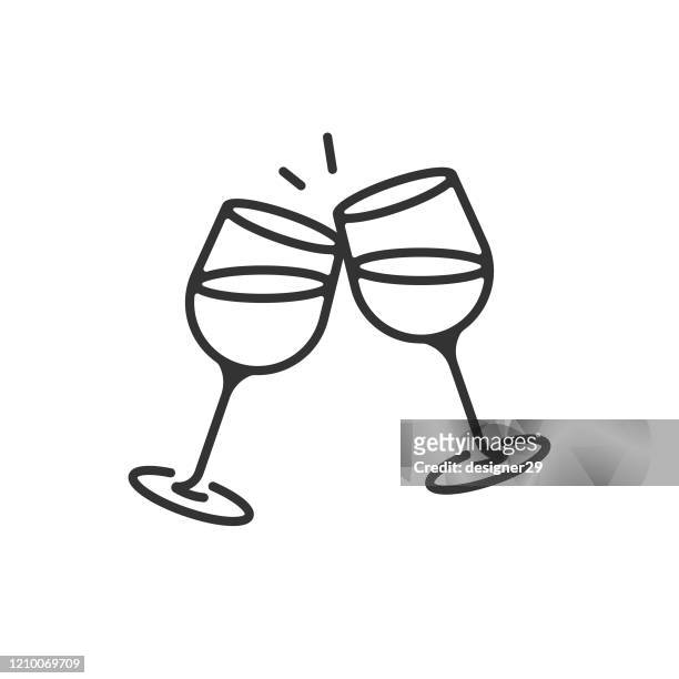 champagne glasses and cheers icon. celebration, holidays outline vector design on white background. - drink stock illustrations