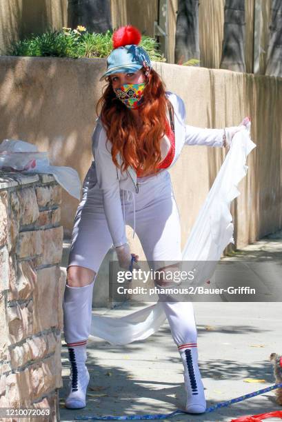 Phoebe Price is seen wearing a homemade dress made of plastic trash bags on April 15, 2020 in Los Angeles, California.