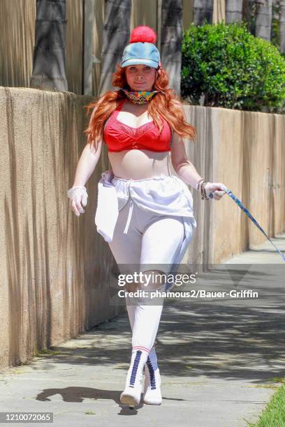 Phoebe Price is seen wearing a homemade dress made of plastic trash bags on April 15, 2020 in Los Angeles, California.
