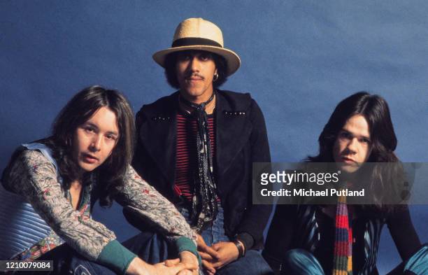Irish rock group Thin Lizzy posed together for a studio group portrait in London in 1974. The band are, from left to right, drummer Brian Downey,...