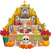 Mexican altar with deceased photos, skull, candles