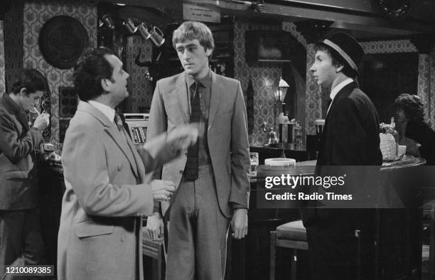 Actors David Jason, Nicholas Lyndhurst and Patrick Murray in a scene from episode 'Wanted' of the BBC television series 'Only Fools and Horses',...