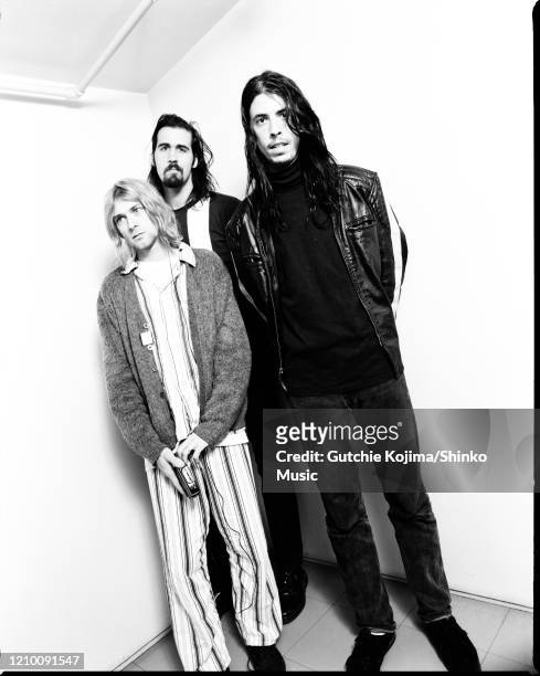 Nirvana, group portrait, backstage at Nakano Sunplaza, Tokyo, Japan, 19th December 1992. Kurt Cobain, Krist Novoselic, Dave Grohl.