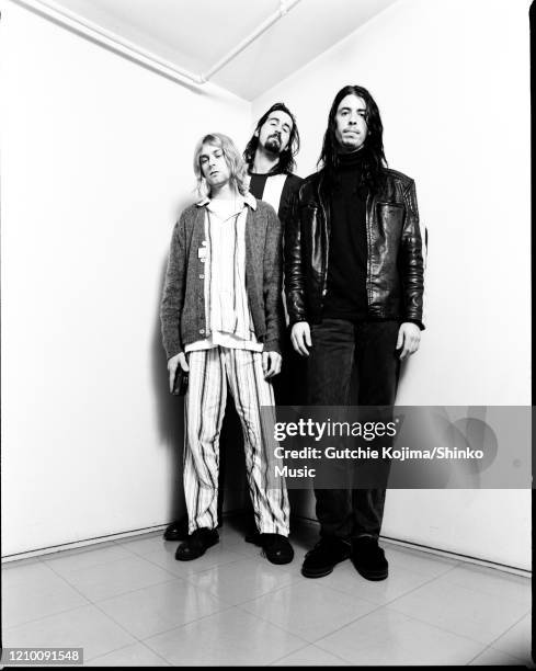 Nirvana, group portrait, backstage at Nakano Sunplaza, Tokyo, Japan, 19th December 1992. Kurt Cobain, Krist Novoselic, Dave Grohl.