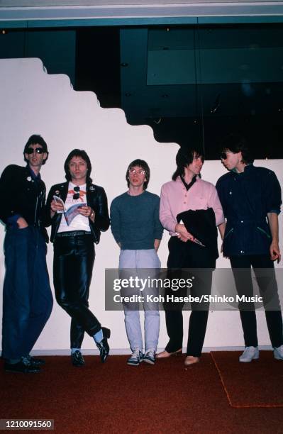 Group portrait of American new wave band The Cars at a hotel in Tokyo, Japan, September 1984. Ric Ocasek, Benjamin Orr, Greg Hawkes, David Robinson,...