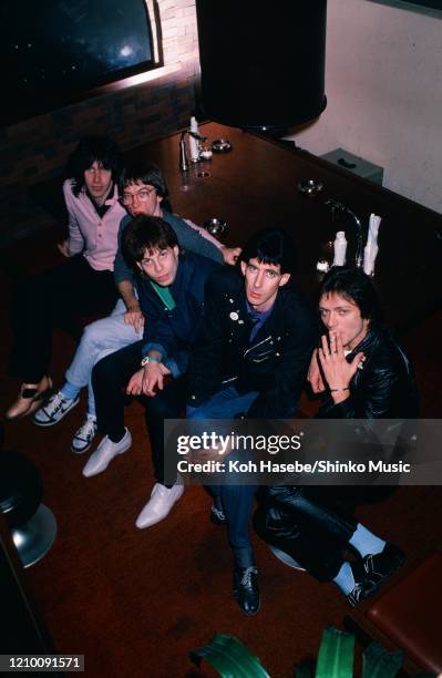 Group portrait of American new wave band The Cars at a hotel in Tokyo, Japan, September 1984. David Robinson, Greg Hawkes, Elliot Easton, Ric Ocasek,...