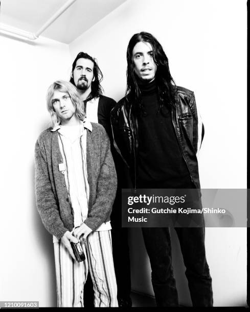Nirvana, group portrait, backstage at Nakano Sunplaza, Tokyo, Japan, 19th December 1992. Kurt Cobain, Krist Novoselic, Dave Grohl.