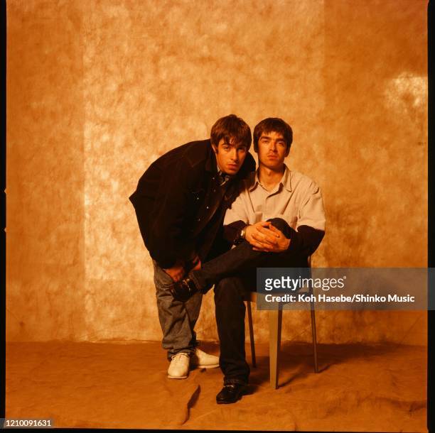 Liam Gallagher and Noel Gallagher of Oasis, at a photoshoot in a hotel in Tokyo, September 1994.