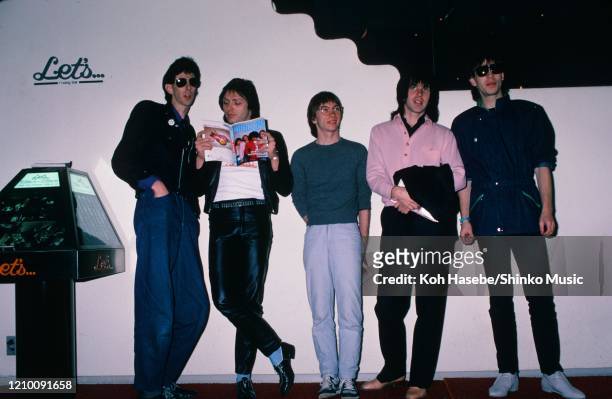 Group portrait of American new wave band The Cars at a hotel in Tokyo, Japan, September 1984. Ric Ocasek, Benjamin Orr, Greg Hawkes, David Robinson,...