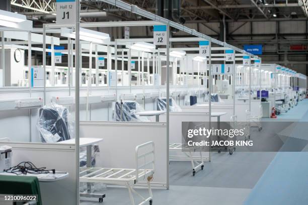 Hospital cubicles, with beds and chairs, are pictured during the official opening of the NHS Nightingale Hospital Birmingham, setup inside the...