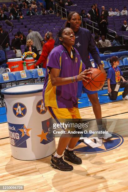 Nikki Teasley of the Los Angeles Sparks practices during the 989 Sports Skills Challenge at All Star Saturday Night as part of 2004 NBA All Star...