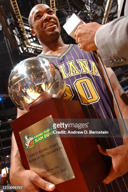 Fred Jones of the Indiana Pacer gets interviewed after winning the Sprite Rising Stars Slam Dunk Contest at All Star Saturday Night as part of 2004...