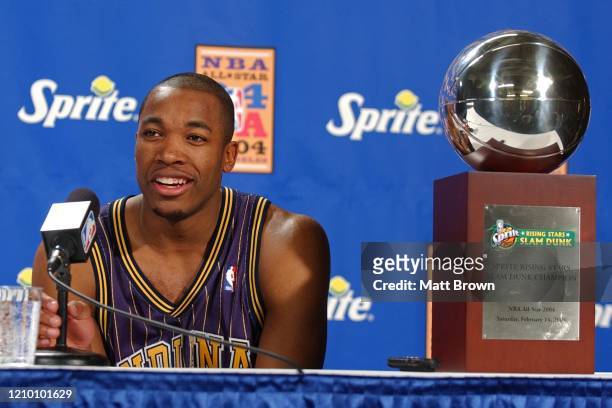 Fred Jones of the Indiana Pacers speaks during a press conference at All Star Saturday Night as part of 2004 NBA All Star Weekend on February 14,...