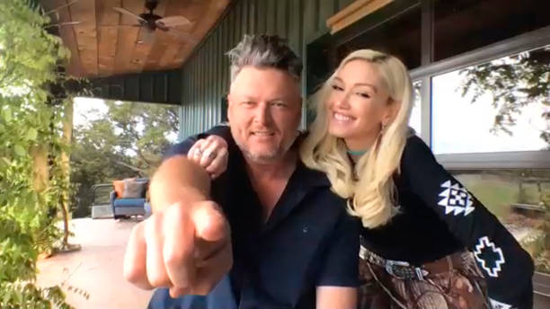 Episode 1240E -- Pictured in this screengrab: Blake Shelton and Gwen Stefani on April 13, 2020 --