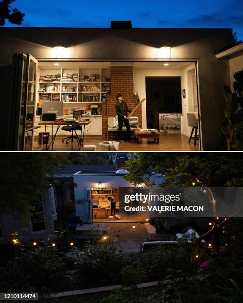 This combination of illustration pictures created on April 16, 2020 shows director Kimberly Peirce, seen through her window, working on the script of...